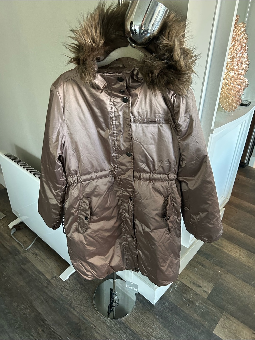 GAP Girls' Dark Dusty Rose Puffer Coat with Faux Fur Hood